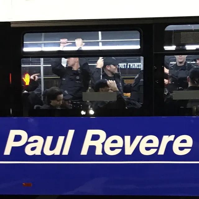 A bus packed with cops going to the anti-Trump rally in Boston Commons. The bus company shares its name with the historic rich man that played a role in the American revolution, warning the colonial army that the British were coming.